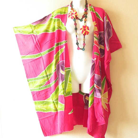 CM17 Floral Batik Plus 38" Open Hand Painted Cover Up Midi Cardigan fit up to 5X - Picture 1 of 2
